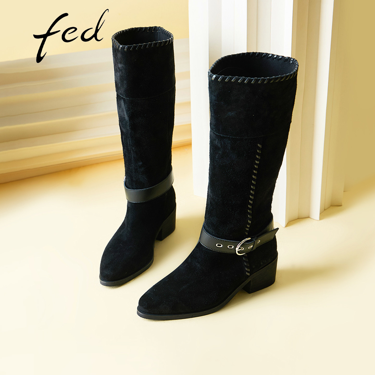fed女款真皮增高西部长筒靴