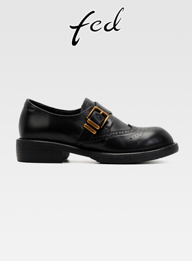 fed真皮粗跟厚底加绒乐福鞋女复古雕花小皮鞋一脚蹬圆头深口单鞋