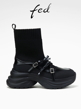 fed玛丽珍袜靴女冬季新款女靴黑色瘦瘦靴厚底短靴女款D0928-ZC838