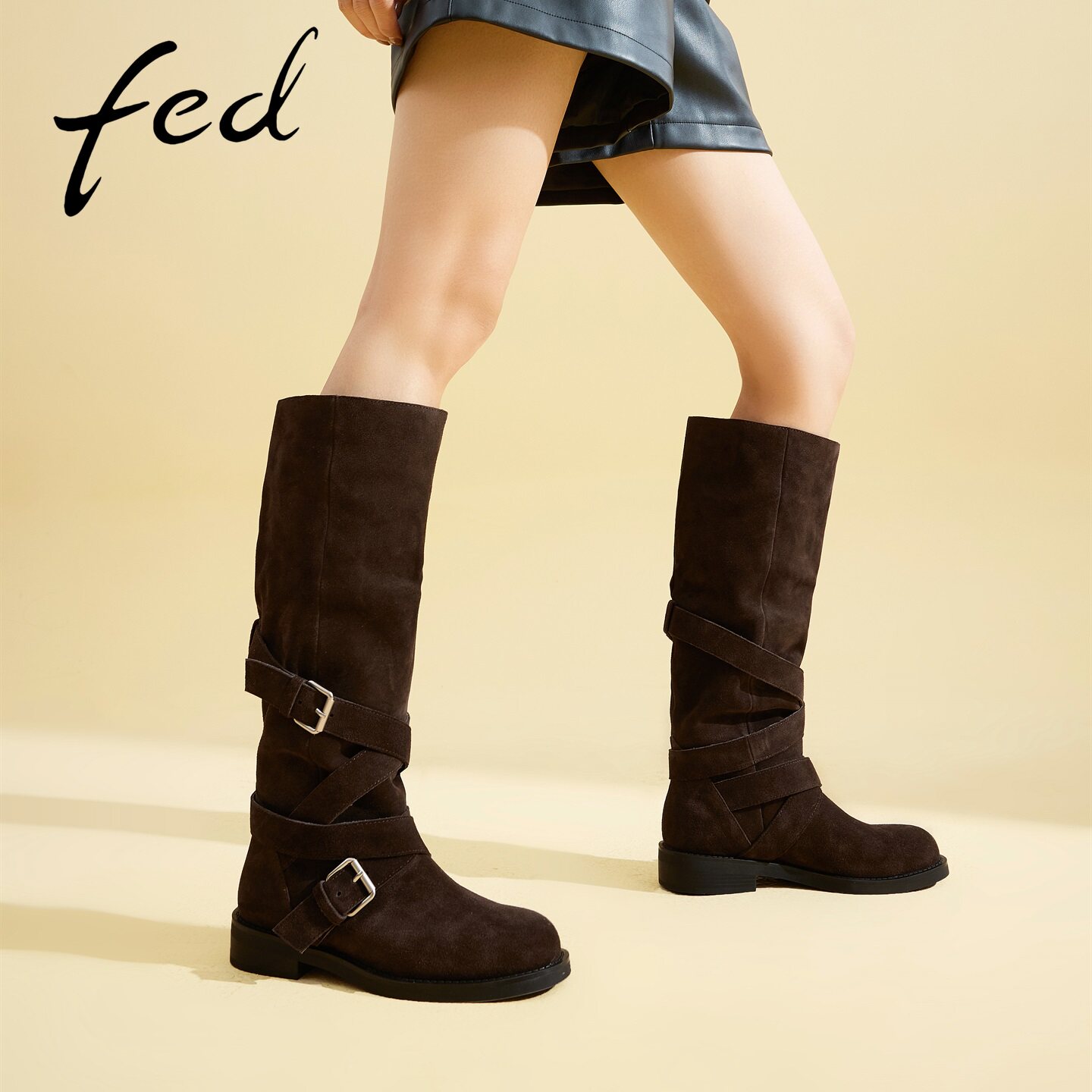 fed复古骑士女靴秋新款粗跟