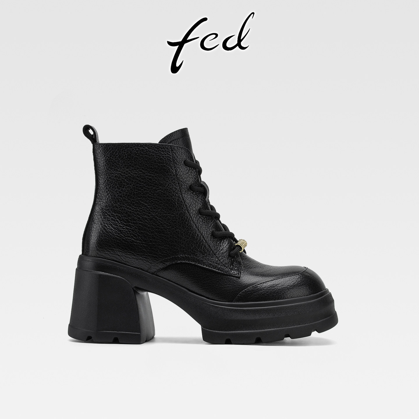 fed真皮厚底粗跟马丁短靴女