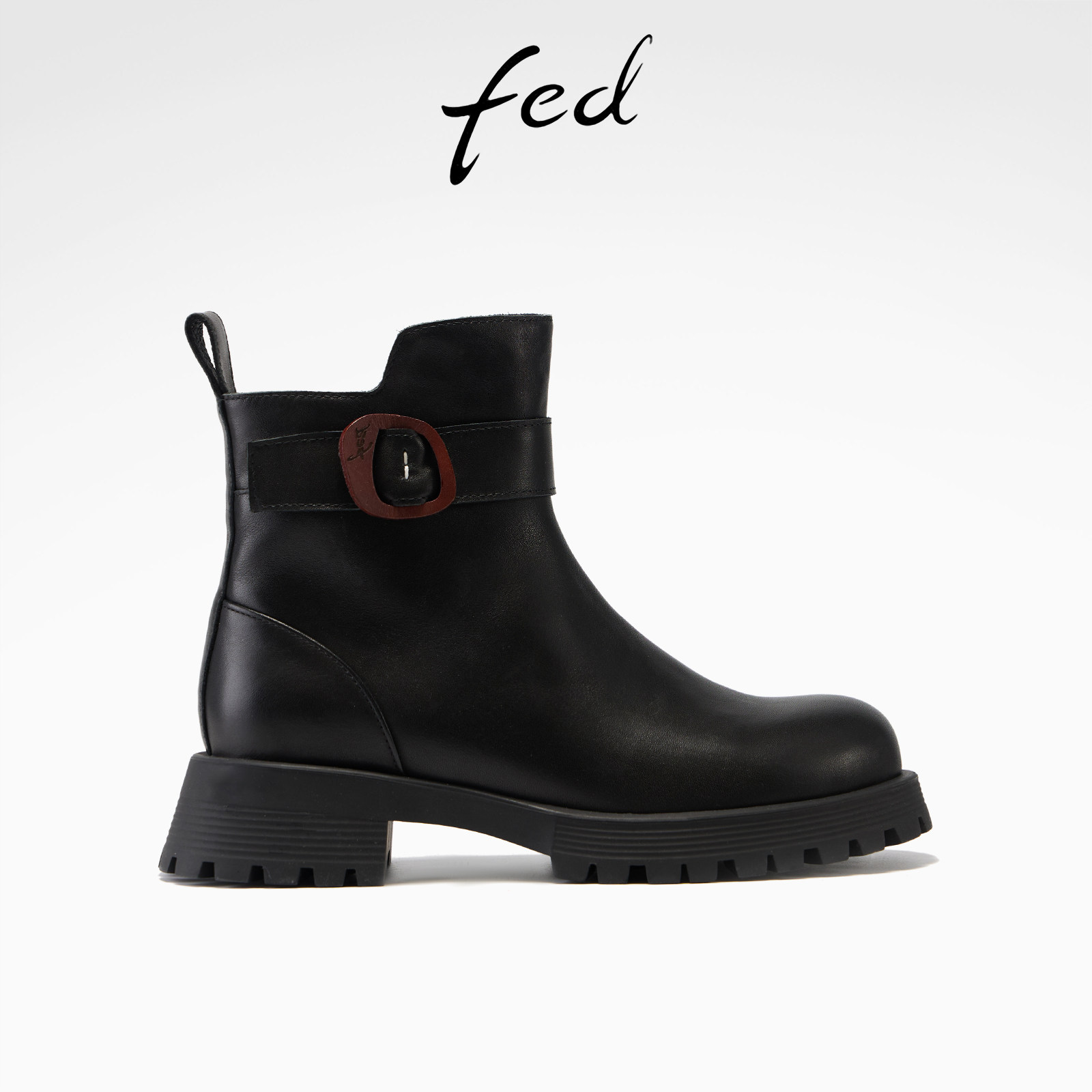 fed黑色真皮马丁靴女圆头厚底
