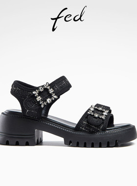fed休闲凉鞋夏季新款女鞋魔术贴水钻粗跟增高运动凉鞋R0409-YA552