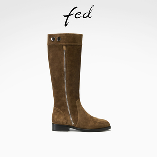 S1107 女靴绒面西部靴低跟长靴女款 YA205 新款 fed高筒骑士靴女冬季