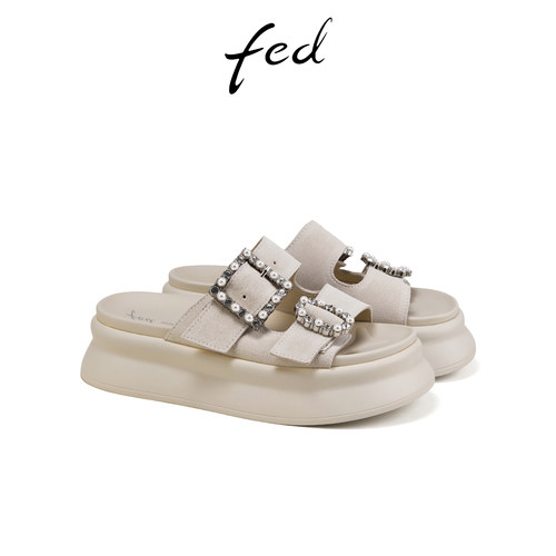 fed厚底增高皮带扣一字拖鞋女