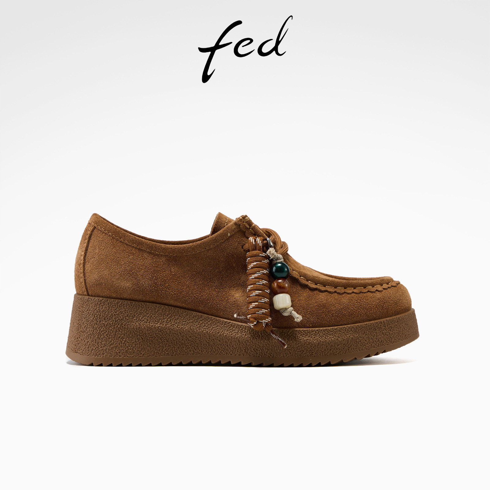 fed陶土珠语单鞋春季新款女鞋坡跟乐福鞋串珠厚底袋鼠鞋女款YA5