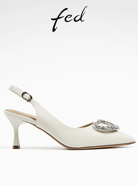 fed法式单鞋夏季新款女鞋侧空高跟鞋白色皮凉鞋女款D0420-ZCB360