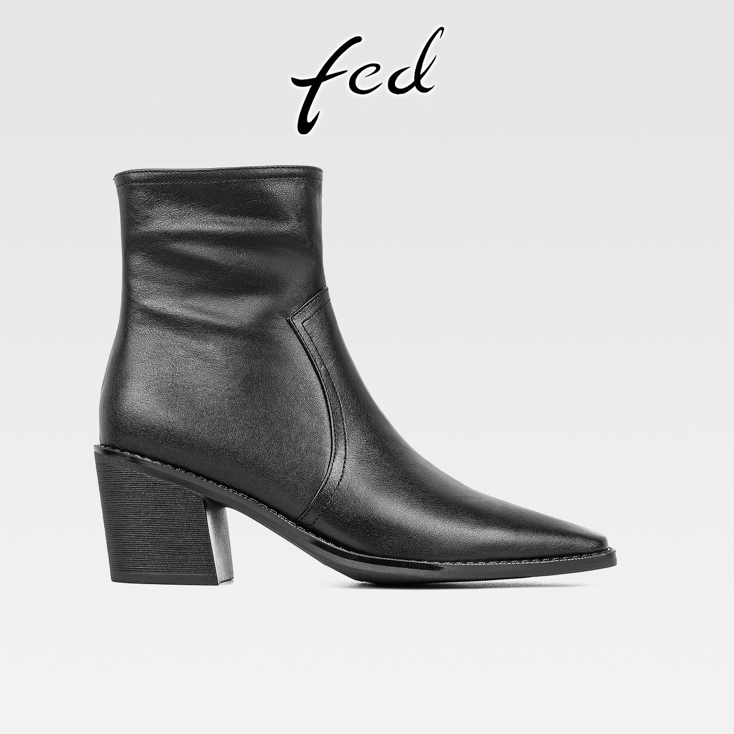 fed法式复古真皮粗跟马丁靴女秋冬款侧拉链气质方头高跟显瘦短靴