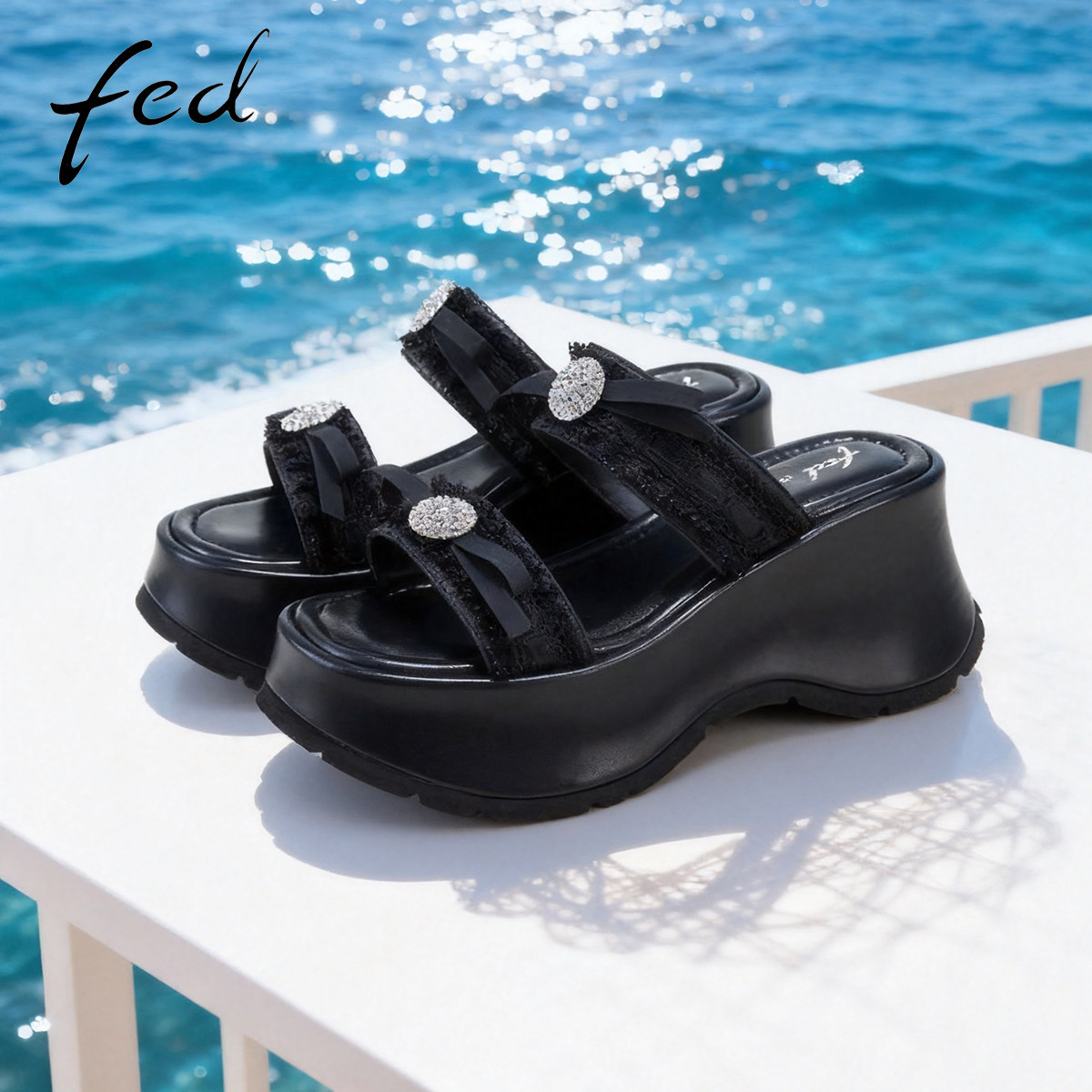 fed厚底凉拖鞋夏新款女鞋增高外穿沙滩鞋露趾海边舒适绝美一字拖