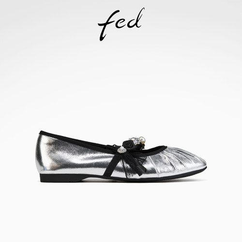 fed平底玛丽珍鞋秋季新款女鞋褶皱单鞋银色芭蕾鞋女S0820-YAB883