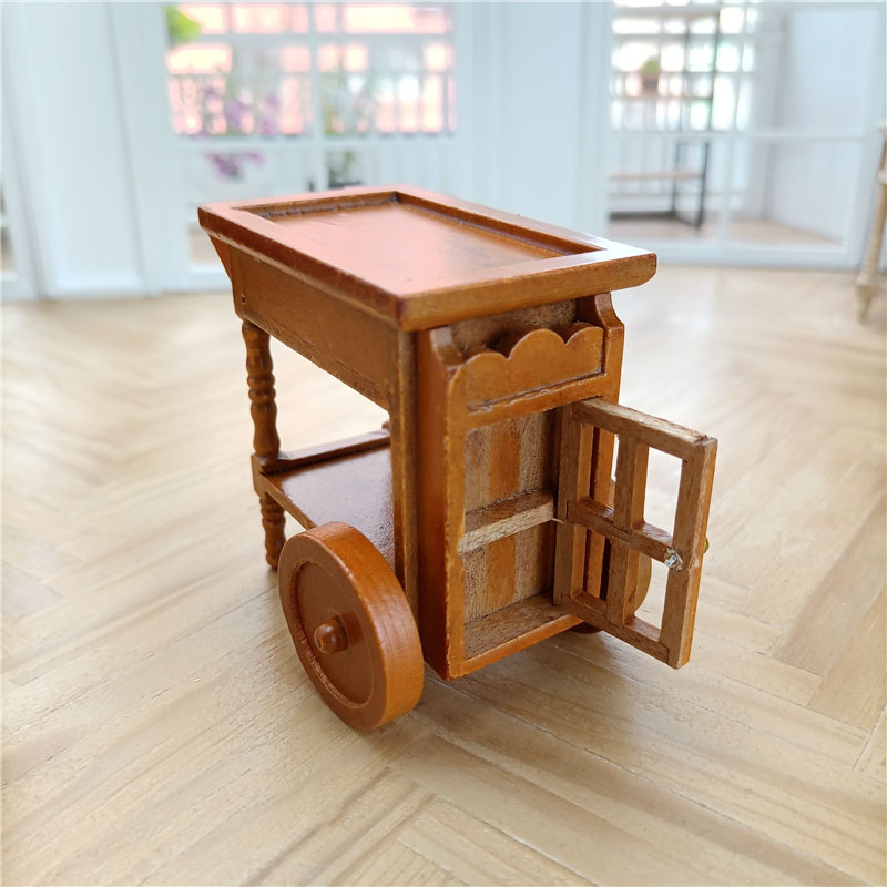 娃娃屋1:12家具微缩场景木制棕色复古餐车餐O厅迷你手推车模型道