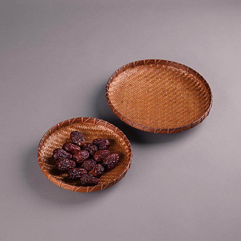 纯竹编果盘竹制复古茶点收纳筐家用茶叶簸箕大漆盘干果盘手工篮子