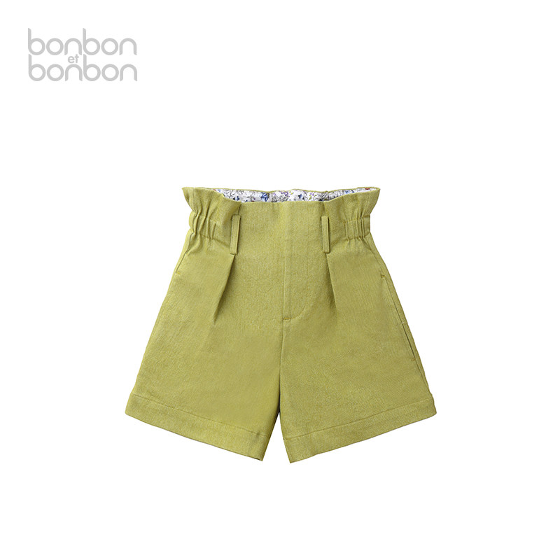 bonbon et bonbon裤子女童经典秋叶绿翻折短裤夏日休闲百搭纯色舒