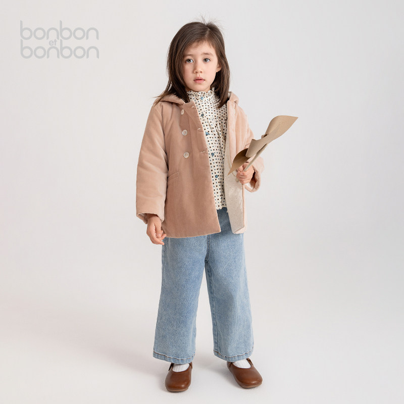 bonbon et bonbon女童童装纯棉高级手工刺绣粉色刺绣丝绒外套