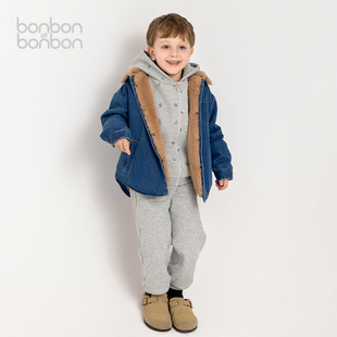 bonbon et bonbon儿童纯棉加绒加厚温暖牛仔毛毛廓形外套卫衣套装