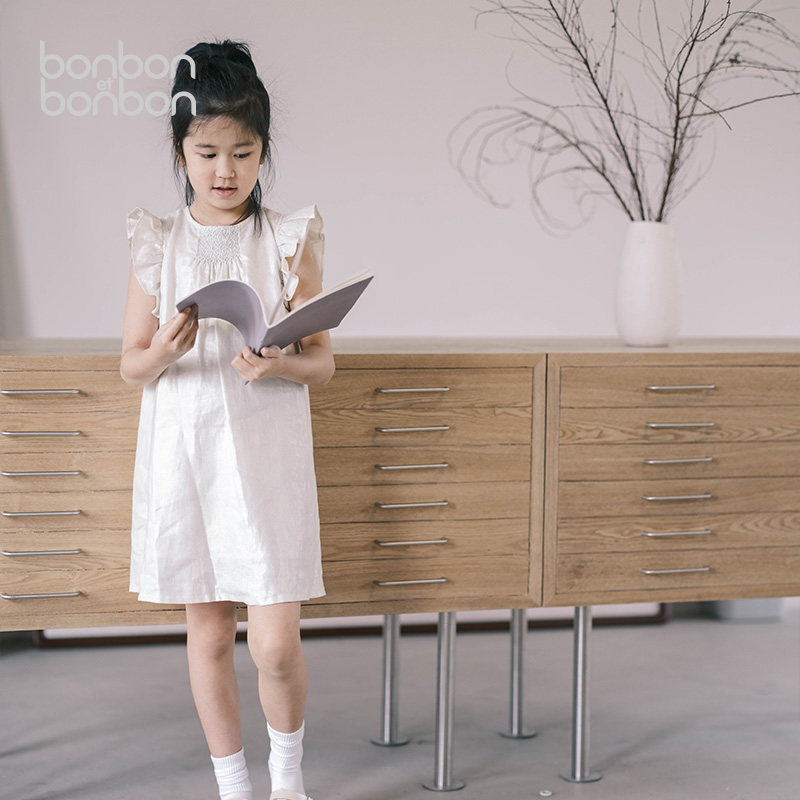 bonbon et bonbon连衣裙女童法式小飞袖淡银亚麻连衣裙重工打揽洋