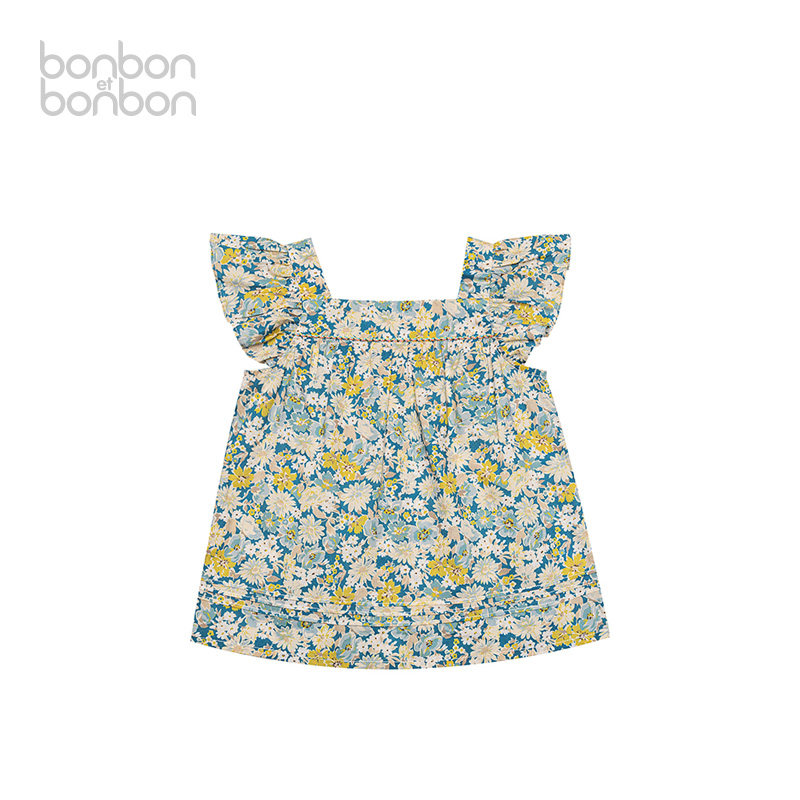 bonbon et bonbon衬衫儿童碎花小飞袖上衣夏日纯棉清凉休闲上衣女