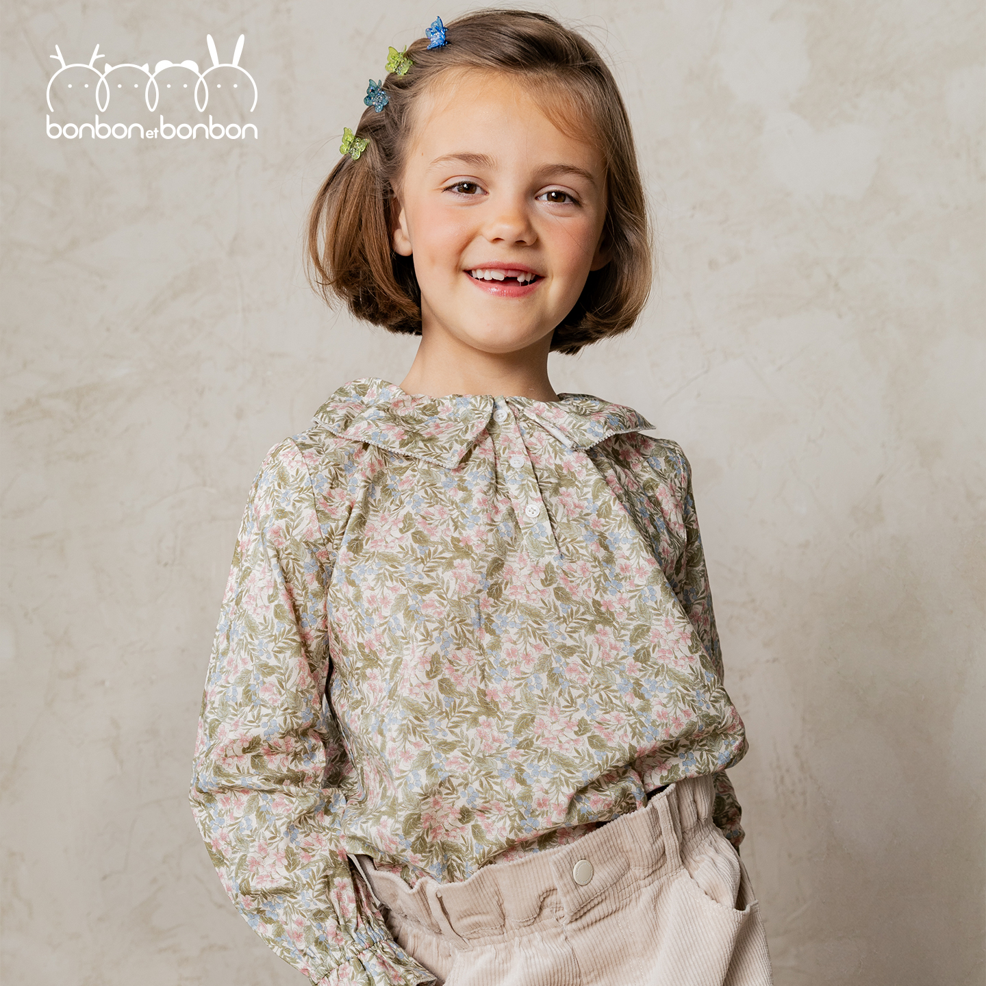 bonbon et bonbon 儿童100%棉秋日立体花瓣领粉绿碎花花边上衣