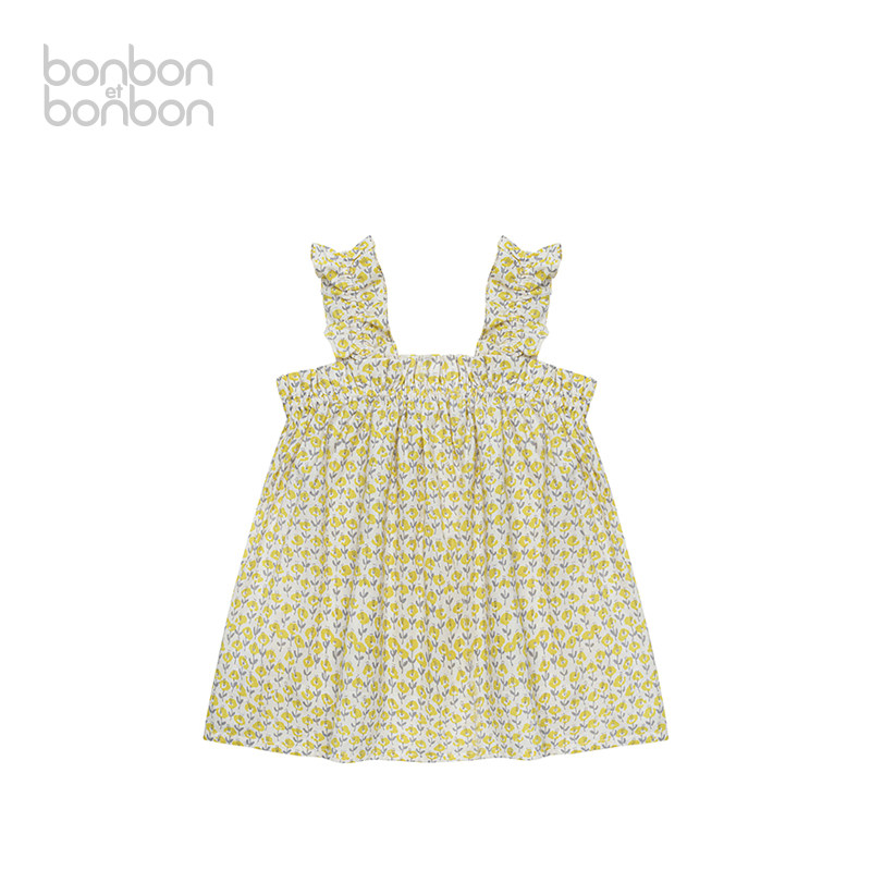 bonbon et bonbon背心吊带儿童碎花皱褶吊带上衣夏日清凉度假风背