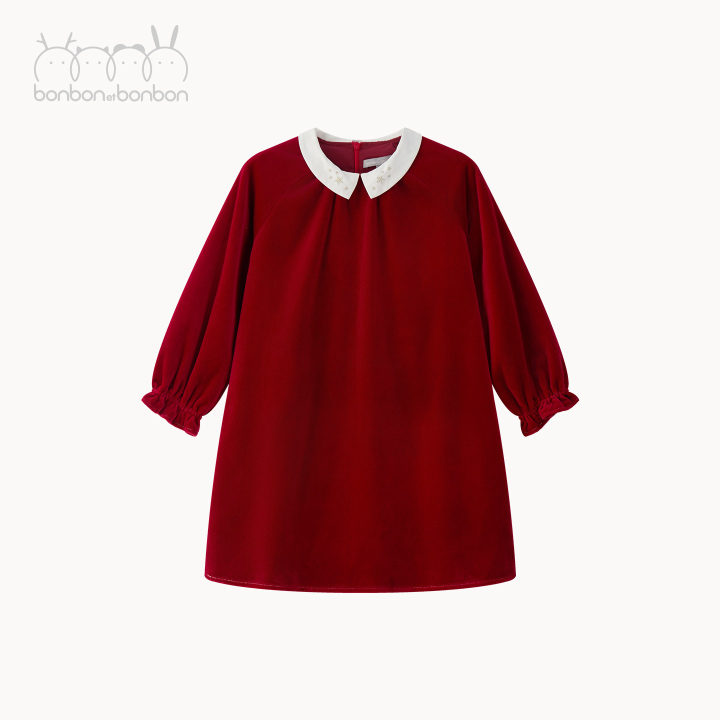 bonbon et bonbon儿童100%棉酒红星星绣花丝绒连衣裙袖口花边