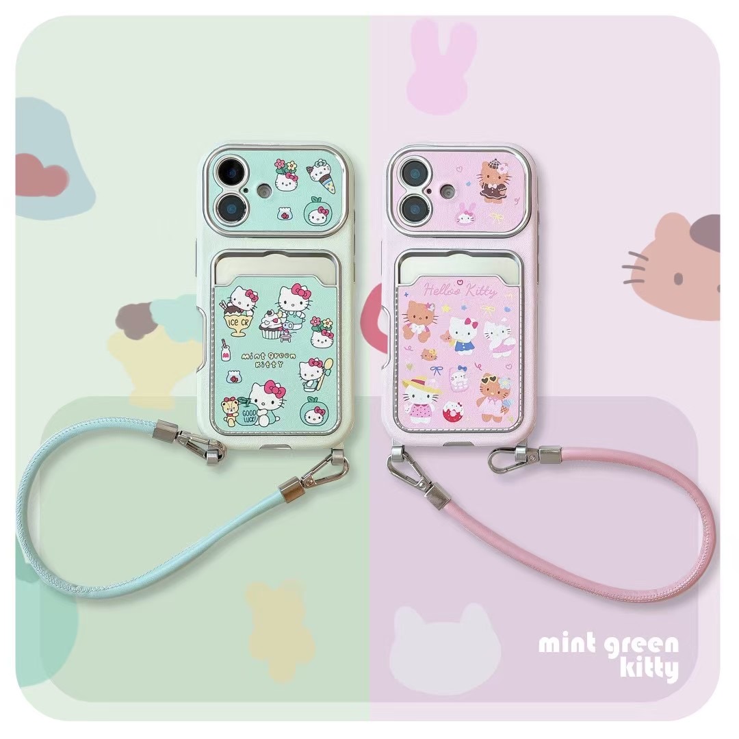 可爱卡通KT猫手提皮质iPhone16promax适用苹果13手机壳15pro卡包max可插卡14女款手挎挂绳全包16防摔保护套15