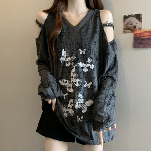 女春秋胖MM设计感显瘦辣妹上衣 大码 遮肚子美式 甜酷露肩长袖 打底衫