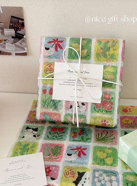 春日田园绿色格子猫咪雪梨纸ins油画风礼品出卡打包内衬纸高颜值