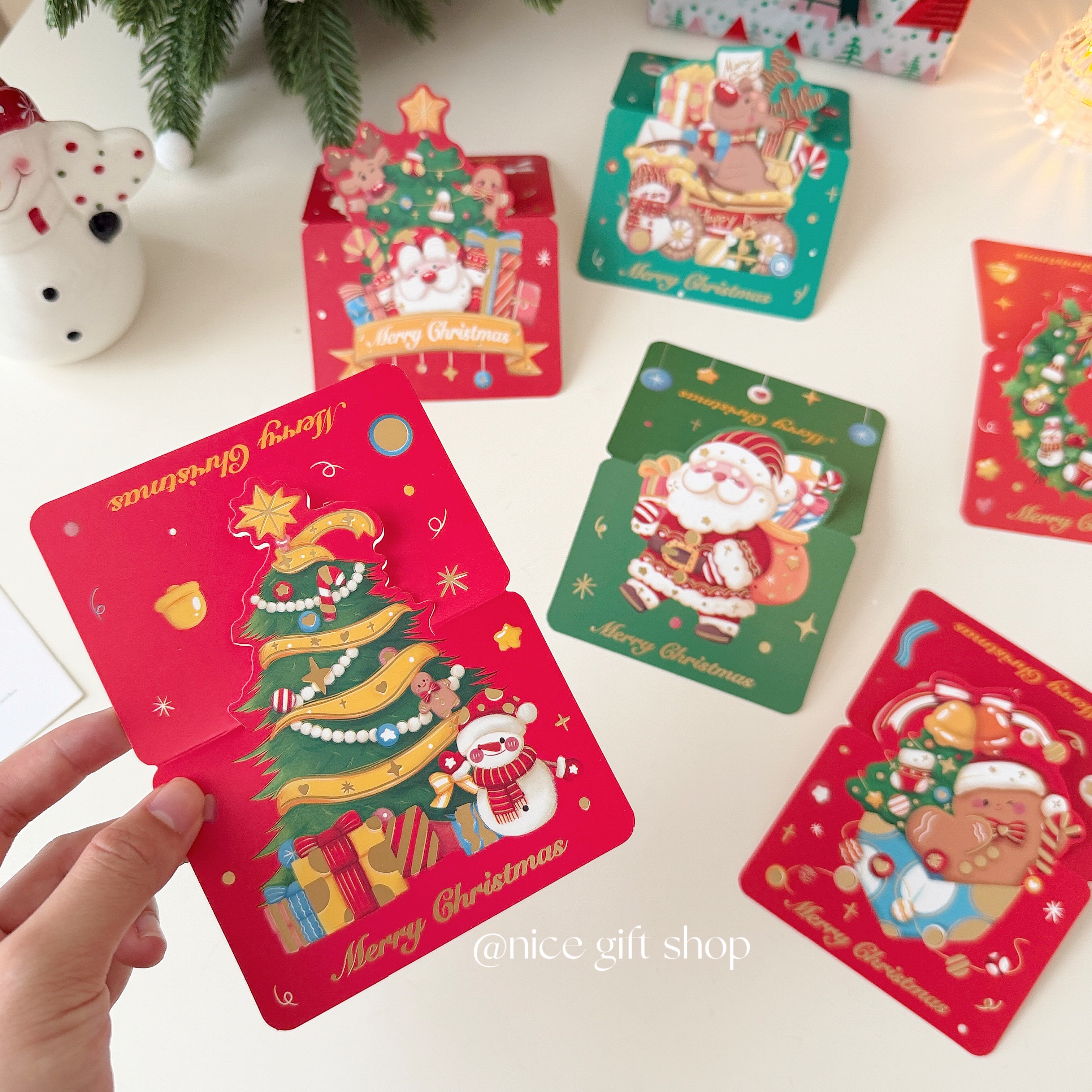 6款1套'立体可折叠圣诞贺卡节日手写祝福语卡片烫金烘焙鲜花装饰