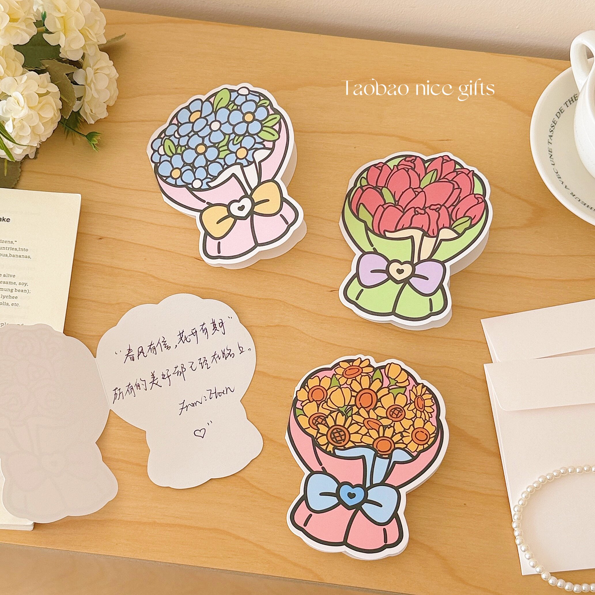 浪漫手捧花贺卡套装ins节日贺卡带信封鲜花装饰手写留言卡母亲节