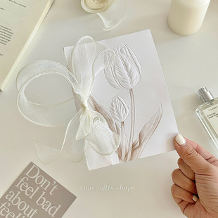 浮雕郁金香贺卡 婚礼请柬烂漫手写表白情书 ins风温柔花卉贺卡套装