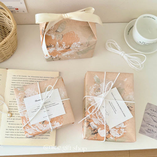 油画牡丹香槟米~梦幻高级感花卉礼物包装纸节日装饰鲜花打包纸ins