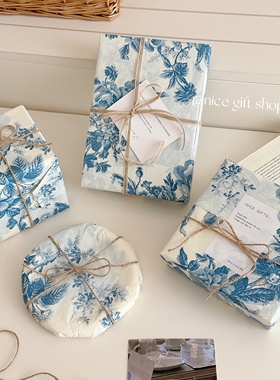 复古高级感蓝色牡丹雪梨纸节日礼物包装纸国风青花礼品纸花艺纸