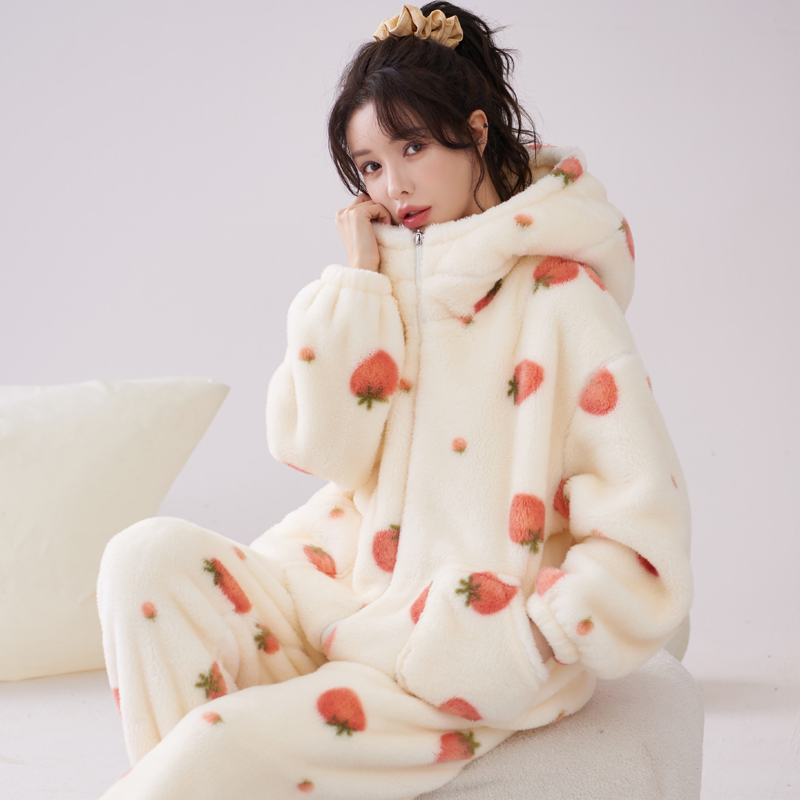 连帽睡衣女珊瑚绒甜美可爱家居服