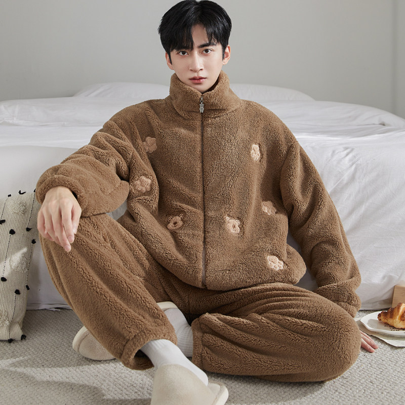 睡衣男冬季珊瑚绒加绒加厚卡通青年男款拉链保暖秋冬季家居服套装