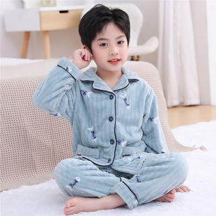 儿童珊瑚绒睡衣青少年初中生男童法兰绒秋冬季加厚款中大童家居服