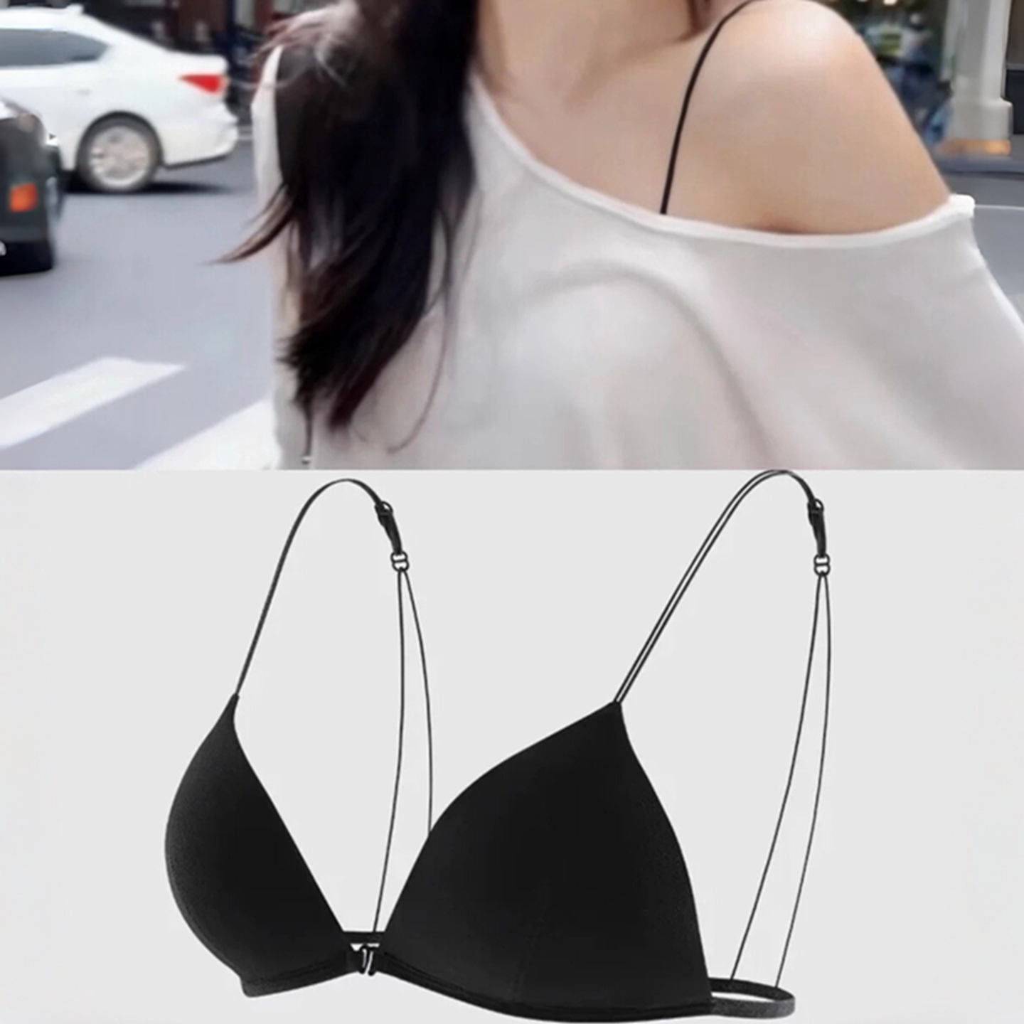 前扣设计深V美背法式斜肩女薄款
