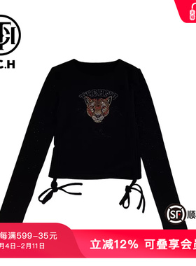 TCH春秋字母豹头烫钻黑色紧身长袖T恤T72A02E6001