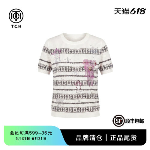 烫钻小熊条纹针织T恤白色短袖