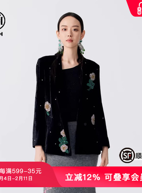 TCH春秋烫钻黑色丝绒气质外套百搭时尚西服上衣T72C276155