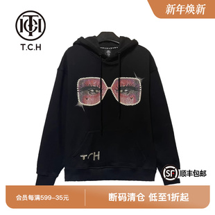 TCH潮酷眼镜烫钻黑色连帽卫衣春秋新款 T66C12E6009 男女同款