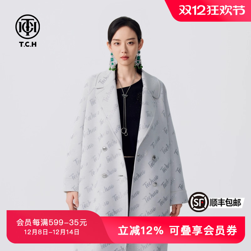 TCH潮牌烫钻字母休闲时尚百搭宽松翻领大衣秋冬新款T72D286018