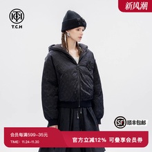 TCH潮牌满印烫钻美式休闲工装短款连帽羽绒服外套秋冬新款
