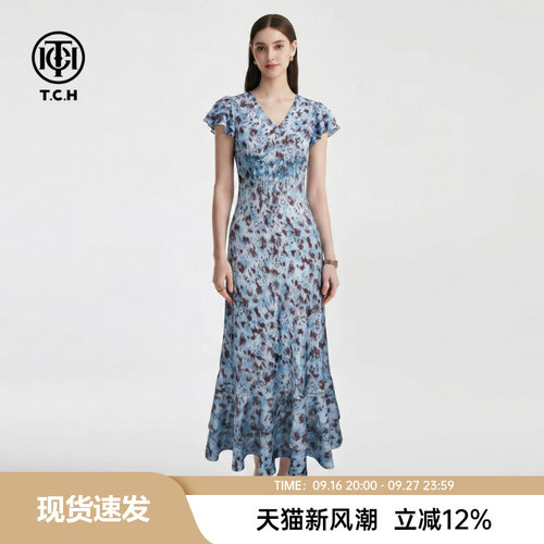 TCH2026夏季新款V领荷叶袖碎花连衣裙女烫钻气质收腰显瘦法式长裙