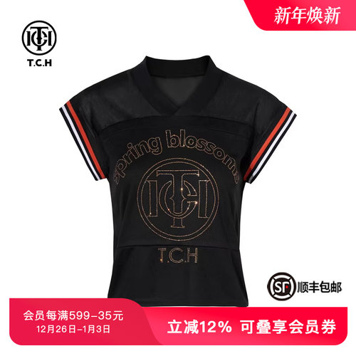 TCH烫钻时尚小众V领洋气短袖T恤女夏季新款透气舒适T75B10B1069