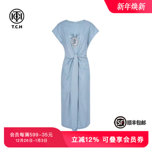 TCH私服烫钻满印飞飞袖 长裙T75B30E1136 气质收腰显瘦连衣裙女时尚