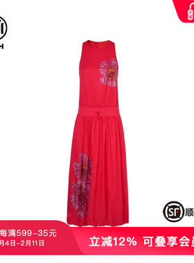 TCH轻奢时尚潮牌烫钻花朵收腰显瘦红色背心连衣裙女T75B30E5199