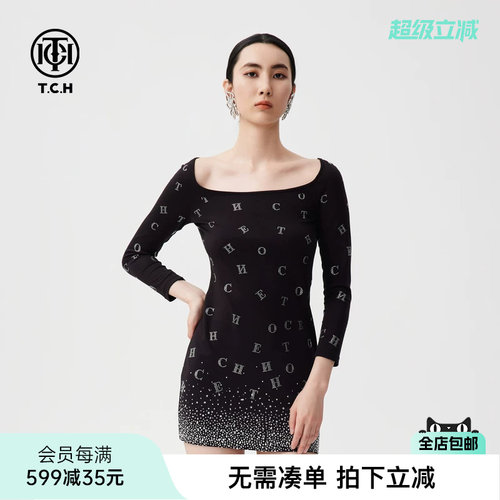 TCH春秋新款潮牌烫钻时尚收腰连衣裙女T72C306039