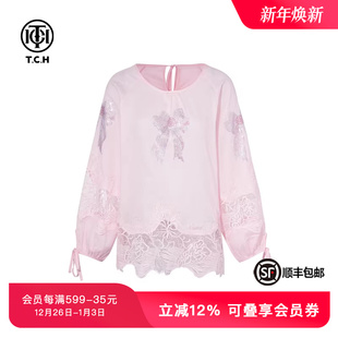 新款 女夏季 T75A02E5054 百搭打底衫 TCH私服烫钻蕾丝镂空洋气时尚