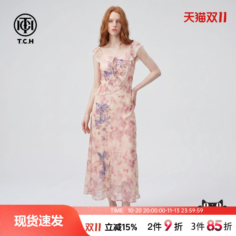 TCH【温柔淑女】夏款蝴蝶烫钻收腰显瘦方领桔色连衣裙T78B30E5007