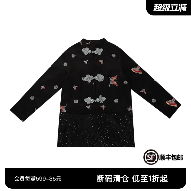 TCH时尚潮牌新中式风格蝴蝶盘扣刺绣烫钻黑色外套T72C27E8001